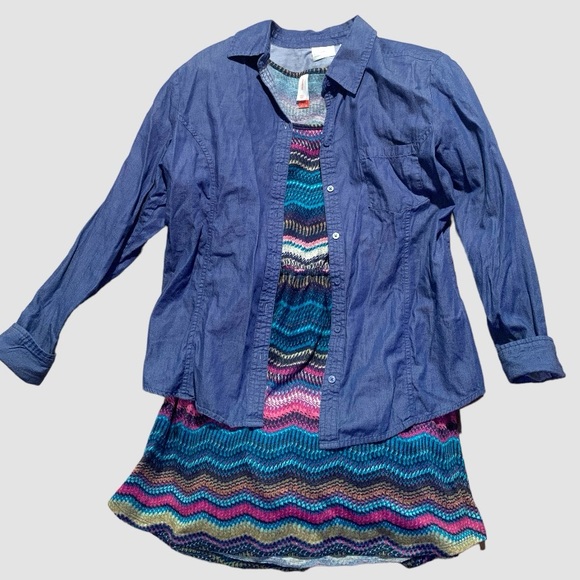 Cute colorful comfy Chevron stripe print dress sz L denim top shirt blue purple - Picture 3 of 16